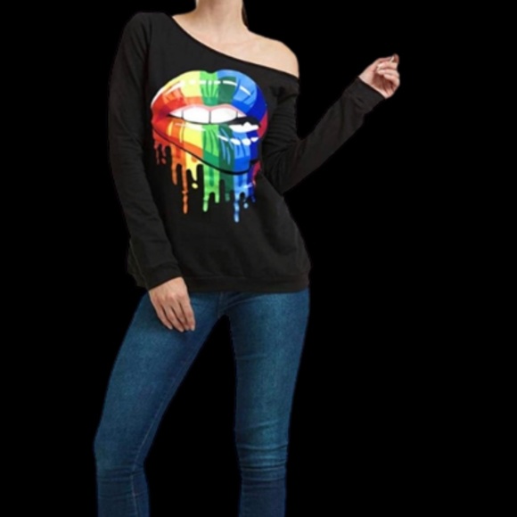 MagicMK Women's Shirts Rainbow Mouth Lips Off the Shoulder - Picture 7 of 13